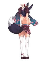  absurdres animal_ears arms_up ass bead_belt bead_bracelet beads black_hair bracelet breasts commission female fox_ears fox_girl fox_tail from_behind highres japanese_clothes jewelry original panties panty_peek second-party_source short_hair sideboob simple_background skirt skirt_lift solo tail thighhighs underwear vierzeck white_background white_panties 