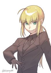  absurdres artoria_pendragon_(fate) black_gloves black_necktie blonde_hair fate/zero fate_(series) female formal gloves green_eyes highres long_hair looking_at_viewer necktie ponytail saber_(fate) shaded_face shayubi smirk solo suit twitter_username upper_body white_background 