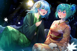  2girls :o aqua_hair blue_hair blush butterfly_hair_ornament flower gakuon_(gakuto) green_eyes green_kimono hair_bun hair_flower hair_ornament hair_up japanese_clothes kimono leaf leaf_print long_hair looking_at_another moon moonlight multiple_girls night obi orange_kimono purple_eyes sanzenkai_no_avatar sash single_hair_bun sitting wide_sleeves 