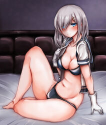  arm_support bare_legs barefoot bed bed_sheet black_bra black_panties blue-burn blue_eyes bra breasts colored_eyelashes commentary_request covered_nipples eyes_visible_through_hair female gloves grey_hair hair_ornament hair_over_one_eye hairclip hamakaze_(kancolle) kantai_collection looking_at_viewer medium_breasts navel open_clothes panties school_uniform serafuku short_hair short_sleeves sitting solo stomach thighs underwear white_gloves 