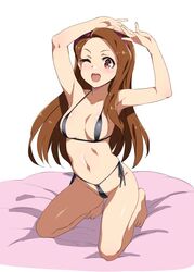  ;d arms_up bare_legs bare_shoulders barefoot bikini black_bikini black_ribbon blush breasts brown_hair collarbone commentary_request cushion female forehead full_body groin hairband highleg highleg_bikini idolmaster idolmaster_(classic) inue_shinsuke long_hair looking_at_viewer medium_breasts micro_bikini minase_iori navel one_eye_closed open_mouth red_eyes ribbon scan side-tie_bikini_bottom simple_background smile solo stomach straight_hair string_bikini swimsuit tareme white_background 