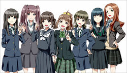  6+girls black_eyes black_hair blazer blue_eyes brown_eyes brown_hair commentary_request green_eyes hair_bobbles hair_ornament hair_ribbon hand_on_own_hip hayashida_airi hisami_nanami holding_hands interlocked_fingers jacket katayama_minami kikuma_kaya looking_at_viewer multiple_girls nanase_yoshino neckerchief okamoto_miyu one_eye_closed open_mouth orange_hair photoshop_(medium) ponytail red_hair ribbon school_uniform serafuku shimada_mayu smile tomoyo_(tmy) twintails v wake_up_girls! yellow_eyes 