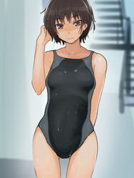  amagami black_hair brown_eyes commentary_request competition_swimsuit cowboy_shot female highres megane_chuu nanasaki_ai one-piece_swimsuit short_hair swimsuit wet 