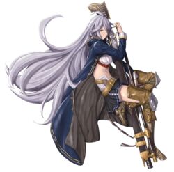  ahoge bad_id bad_nicoseiga_id belt black_skirt braid breasts brown_footwear bullet cape cartridge cleavage commentary_request enoshito female from_side full_body granblue_fantasy grey_hair gun hair_between_eyes highres hugging_object light_smile long_hair long_sleeves looking_at_viewer medium_breasts midriff miniskirt rifle silva_(granblue_fantasy) skirt sniper_rifle solo twin_braids very_long_hair weapon yellow_eyes 