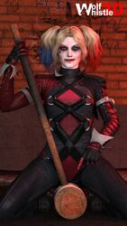  1girls 3d 3d_(artwork) alley batman_(series) blonde_hair boobs breasts clothed dc dc_comics dyed_hair female female_focus female_only fully_clothed gotham_knights hammer harleen_quinzel harley_quinn light-skinned_female light_skin looking_at_viewer mallet pointing sexually_suggestive smirk solo tits wolfwhistle3d 