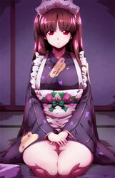  aloe_(fantasista_doll) apron breasts commentary fantasista_doll female japanese_clothes kimono large_breasts long_hair looking_at_viewer maid maid_apron maid_headdress red_eyes seiza sitting smile solo tatami thighs tissue_box tokyo_(great_akuta) wa_maid 