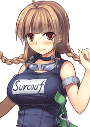  ahoge armband bare_shoulders blue_one-piece_swimsuit blunt_bangs braid breasts brown_eyes brown_hair character_name closed_mouth commentary_request female french_braid goggles goggles_around_neck hand_up highres jewelry large_breasts light_smile lips machinery name_tag neck_ring one-piece_swimsuit photoshop_(medium) school_swimsuit solo srwsrx_(gp03dsrx) surcouf_(warship_girls_r) swimsuit twin_braids upper_body warship_girls_r white_background 