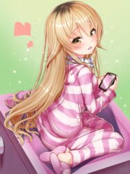  :d ass blonde_hair blush breasts brown_eyes brown_hair cellphone commentary_request doyouwantto female from_side gradient_hair green_background hair_between_eyes head_tilt headphones headphones_around_neck heart holding holding_phone hood hood_down hooded_pajamas ienaga_mugi ienaga_mugi_(1st_costume) light_particles long_hair long_sleeves looking_at_viewer looking_to_the_side multicolored_hair nijisanji open_mouth pajamas paw_print phone pink_pajamas sidelocks signature sitting slippers small_breasts smartphone smile solo striped_clothes striped_pajamas translation_request very_long_hair virtual_youtuber white_pajamas yokozuwari 