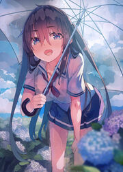  bent_over blue_eyes bra breasts cloud cloudy_sky commentary_request day female flower hydrangea large_breasts long_hair long_legs looking_at_viewer neckerchief open_mouth original outdoors school_uniform see-through serafuku shirt skirt sky smile solo transparent transparent_umbrella twintails umbrella underwear very_long_hair wet wet_clothes wet_shirt wet_skirt yasumo_(kuusouorbital) 