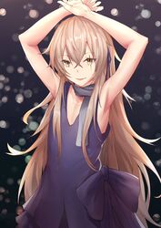  armpits arms_up bangle bare_shoulders blue_ribbon blurry blurry_background blush bokeh bracelet brown_eyes brown_hair casual collarbone commentary_request crossed_bangs depth_of_field dress female girls&#039;_frontline hair_between_eyes hair_ribbon highres jewelry long_hair looking_at_viewer madao official_alternate_costume parted_lips purple_dress ribbon scar scar_across_eye scar_on_face scarf sidelocks smile ump45_(diamond_flower)_(girls&#039;_frontline) ump45_(girls&#039;_frontline) 