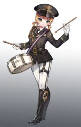  adcd black_footwear black_necktie blonde_hair boots commentary_request drum drumsticks female full_body gloves gradient_background grey_background hat instrument knee_boots long_sleeves looking_at_viewer low_twintails military military_uniform necktie original pants parted_lips peaked_cap snare_drum solo standing strap thigh_strap twintails uniform white_background white_gloves white_pants yellow_eyes 