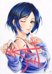  bad_id bad_twitter_id bare_shoulders blue_hair breasts collarbone cosmetics earrings female fingernails hayami_kanade highres holding holding_lipstick_tube idolmaster idolmaster_cinderella_girls idolmaster_cinderella_girls_starlight_stage inuono_mama jewelry large_breasts lipstick lipstick_tube lipstick_writing long_fingernails looking_at_viewer makeup mirrored_text necklace off_shoulder one_eye_closed parted_bangs parted_lips short_hair signature simple_background solo traditional_media yellow_eyes 