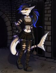  2015 alternative_fashion anthro black_hair blue_hair bottomwear breasts clothed clothing collar detailed_background dungeon female fish hair hi_res marine navel neotheta non-mammal_breasts punk sasha_(sashashark) shark skirt smile solo tail tail_under_skirt wide_hips yellow_eyes 