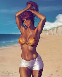  1girls arms_up beach big_breasts bikini bikini_top bleach booty_shorts breasts colored_hair dark-skinned_female dark_skin female female_focus female_only fully_clothed krysdecker navel purple_hair shihouin_yoruichi short_shorts shorts solo swimsuit tattoo thick_thighs thighs yellow_eyes 