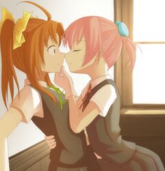  2girls against_wall ahoge bow bowtie brown_hair chin_grab closed_eyes couple face-to-face female gloves green_bow hand_up highres hug imminent_kiss indoors kagerou_(kantai_collection) kantai_collection lavender_hair long_hair looking_at_another multiple_girls neck parted_lips pink_hair red_bow ribbon school_uniform shiranui_(kantai_collection) short_hair short_ponytail short_sleeves surprised twintails utsushige white_gloves window yellow_ribbon yuri 