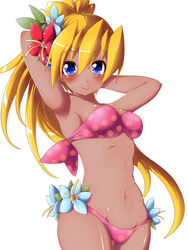  arm_behind_head armpits arms_behind_head bad_id bad_pixiv_id bikini blonde_hair blue_eyes blue_flower blush breasts ciel_(mega_man) commentary_request cowboy_shot female flower hair_between_eyes hair_flower hair_ornament high_ponytail long_hair looking_at_viewer medium_breasts mega_man_(series) mega_man_zero_(series) midriff navel ponytail red_flower rockman_xover semikichi sideboob simple_background smile solo swimsuit tan white_background 