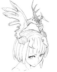  antlers asymmetrical_antlers bad_id bad_twitter_id closed_mouth female greyscale horns jaco looking_at_viewer monochrome nude original portrait short_hair simple_background solo white_background 