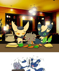  :&lt; abuse ambiguous_gender bad_parenting blue_body blue_fur blush bodily_fluids book carrot closed_eyes cooking_pot corn curtains detailed_background egg espurr felid food fur furniture generation_6_pokemon green_eyes group inside kitchen knife lamp lights magazine mammal meowstic nintendo open_mouth photo_background photography_(artwork) pillow plant plate pokemon pokemon_(species) sofa sweat vegetable winick-lim 