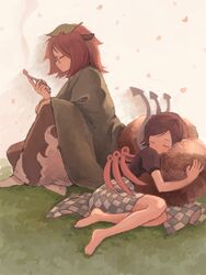  2girls animal_ears asymmetrical_wings bad_id bad_pixiv_id black_hair blanket brown_hair closed_eyes futatsuiwa_mamizou glasses houjuu_nue kiseru multiple_girls raccoon_ears raccoon_tail sitting sleeping smile smoking_pipe tail tail_pillow touhou wings yuuakari 