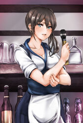  adapted_costume apron asymmetrical_hair blue-burn blue_eyes breasts brown_hair cleavage commentary_request female hair_between_eyes japanese_clothes kaga_(kancolle) kaga_cape kantai_collection long_hair looking_at_viewer medium_breasts microphone open_mouth short_hair side_ponytail sleeves_rolled_up solo waist_apron 