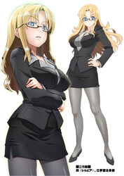  blazer blonde_hair blue_eyes blush breasts business_suit cross cross_necklace crossed_arms earrings feet female formal glasses grey_legwear hand_on_hip high_heels highres jewelry large_breasts legs long_hair looking_at_viewer nightmare_express pantyhose parted_lips shoes simple_background skirt standing suit thighs white_background 