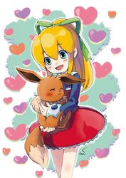  affectionate animal bad_id bad_pixiv_id blonde_hair blush capcom closed_eyes crossover dress eevee female green_eyes green_ribbons hair_between_eyes hair_ornament hair_ribbon heart heart_background high_ponytail highres holding holding_animal holding_pokemon hug lolicon long_hair mega_man_(classic) mega_man_(series) mega_man_8 open_mouth pokemon pokemon_(creature) ponytail red_dress ribbon roll_(mega_man) sidelocks signature smile sumomo teeth 