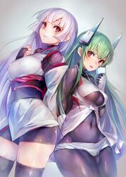  2girls arm_behind_back back-to-back black_legwear blunt_bangs bodysuit breasts bridal_gauntlets commentary_request covered_navel cowboy_shot detached_sleeves food green_hair grey_background headgear highres impossible_clothes large_breasts long_hair looking_back medium_breasts menou_kaname_(taishi) multiple_girls navel obi original popsicle purple_eyes purple_hair red_eyes revision sash short_shorts shorts skin_tight taishi_(picchiridou) thighhighs thighs tongue tongue_out tsuru-chan underboob very_long_hair 