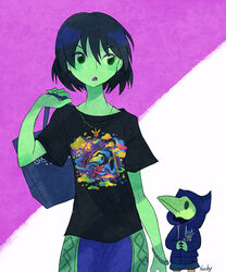  1boy aizawa_sachi artist_name bad_id bad_pixiv_id bag black_hair bracelet breasts casual chibi colored_skin contemporary female green_eyes green_skin hair_between_eyes handbag hood hoodie jewelry mona_(shovel_knight) necklace open_mouth over_shoulder own_hands_together pants plague_doctor_mask plague_knight purple_background shirt short_hair short_sleeves shovel_knight signature small_breasts t-shirt two-tone_background upper_body white_background 