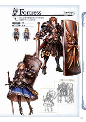  1boy armor armored_dress blonde_hair bob_cut breastplate brown_eyes brown_hair carrying_over_shoulder chibi djeeta_(granblue_fantasy) female fortress_(granblue_fantasy) full_body gauntlets gran_(granblue_fantasy) granblue_fantasy hairband highres holding holding_sword holding_weapon line_art looking_away minaba_hideo non-web_source official_art pauldrons photoshop_(medium) planted planted_shield planted_sword reverse_grip scabbard scan sheath shield shield_on_back shoulder_armor standing sword tower_shield weapon 