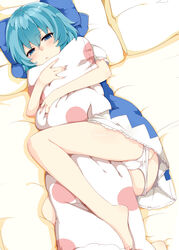  ass bare_legs barefoot bed blue_bow blue_dress blue_eyes blue_hair blush bow butt_crack cirno commentary_request dress female frown hairbow hugging_object knee_up looking_at_viewer lying nuko_(mikupantu) on_back on_bed on_side panties panty_pull pantyshot pillow pillow_hug polka_dot_pillow puffy_short_sleeves puffy_sleeves revision short_hair short_sleeves solo touhou underwear white_panties 