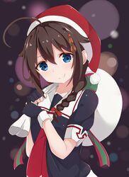  ahoge blue_eyes braid brown_hair commentary_request female fingerless_gloves gloves hair_between_eyes hair_flaps hair_ornament hat highres holding holding_sack kantai_collection long_hair looking_at_viewer sack santa_hat shigure_(kancolle) shigure_kai_ni_(kancolle) single_braid smile solo yoriha_yashiro 