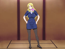  blonde_hair breasts feet female hands_on_hips high_heels highres large_breasts legs long_hair looking_at_viewer nightmare_express pantyhose red_eyes scarf skirt smile solo standing stewardess thighs 