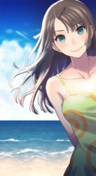  aqua_eyes bad_id bad_pixiv_id bare_shoulders beach brown_hair cloud collarbone day dress female hair_ornament hairclip isakawa_megumi long_hair ocean original outdoors sky sleeveless smile solo water 