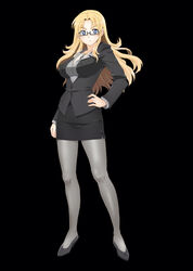  absurdres black_background blonde_hair blue_eyes blush breasts business_suit cross cross_necklace earrings feet female formal glasses hand_on_hip high_heels highres jewelry large_breasts legs long_hair looking_at_viewer nightmare_express pantyhose simple_background skirt solo standing suit thighs 