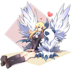  absol ace_trainer_(pokemon) ascot astrid_(pokemon) blonde_hair commentary_request earrings female full_body hair_ornament hairclip heart highres jewelry kneehighs long_hair mega_absol mega_pokemon mega_stone miniskirt pokemon pokemon_(anime) pokemon_(creature) pokemon_xy shoes sitting skirt skirt_set smile socks tm_(hanamakisan) 