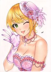  ;d bad_id bad_twitter_id blonde_hair breasts cleavage collarbone feather_hair_ornament feathers female gloves green_eyes hair_ornament hat highres idolmaster idolmaster_cinderella_girls inuono_mama jewelry medium_breasts miyamoto_frederica necklace one_eye_closed open_mouth pink_gloves pink_hat short_hair signature simple_background smile solo sparkle strapless upper_body white_background 