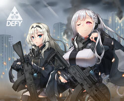  2girls absurdres adjusting_hair ak-12 ak-12_(girls&#039;_frontline) ammunition an-94 an-94_(girls&#039;_frontline) assault_rifle black_gloves blonde_hair blue_eyes braid breasts cape closed_mouth commentary_request doyagao french_braid girls&#039;_frontline gloves grey_hair gun hair_ornament hairband highres hitch_(perotoss) holding holding_gun holding_weapon jacket kalashnikov_rifle korean_commentary large_breasts long_hair long_sleeves looking_at_viewer mask military multiple_girls one_eye_closed purple_eyes ribbon rifle sidelocks smile smug trigger_discipline unworn_mask very_long_hair weapon 