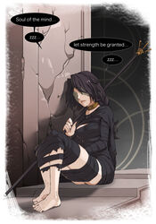  bandages bankage barefoot black_hair bound bound_legs braid breasts choker commentary demon&#039;s_souls english_commentary english_text feet female full_body highres legs_together long_hair maiden_in_black medium_breasts no_eyes sleeping sleeping_upright solo speech_bubble staff toes 