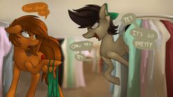  16:9 2016 absurd_res braces clothed clothing clothing_store crossdressing dialogue duo earth_pony english_text equid equine fan_character female feral hasbro hi_res horse mammal marsminer my_little_pony pone_keith pony shopping text venus_spring widescreen 