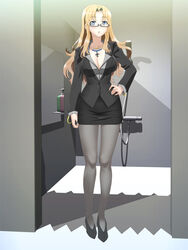  blonde_hair blue_eyes breasts business_suit cleavage cross cross_necklace feet female formal glasses hand_on_hip high_heels highres large_breasts legs long_hair looking_at_viewer nightmare_express pantyhose skirt standing suit thighs 