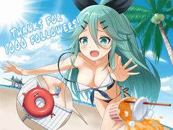  abyssal_ship beach_chair bikini bikini_bottom_only black_bikini blue_neckwear blue_sky blush breasts cloud coconut_tree commentary_request crying crying_with_eyes_open day e16a_zuiun enemy_lifebuoy_(kancolle) female green_eyes green_hair hair_ornament hair_ribbon hairclip highres ice ice_cube kantai_collection long_hair medium_breasts milestone_celebration open_mouth palm_tree ribbon sailor_bikini sailor_collar side-tie_bikini_bottom sky soba_(sobaya1938) sun swimsuit tears tree tripping wardrobe_malfunction yamakaze_(kancolle) 