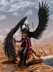  armor black_jacket boots copyright_name crisis_core_final_fantasy_vii feathered_wings final_fantasy final_fantasy_vii genesis_rhapsodos gloves jacket long_hair long_jacket male_focus multiple_boys open_clothes red_gloves red_hair red_jacket sephiroth silver_hair sword weapon wings 