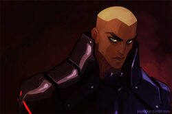  aqua_lad armor blonde_hair blue_eyes dark_skin dc_comics glare kaldur&#039;ahm male_focus solo young_justice:_invasion 