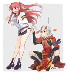  1boy arca_(summon_night) armband bandages black_footwear black_shorts black_skirt clothes_lift commentary_request embarrassed female floating_hair grey_background hair_between_eyes high_heels horns jacket kagerou_(summon_night) leaning_forward lifting_another&#039;s_clothes long_hair long_sleeves miniskirt open_mouth photoshop_(medium) purple_eyes red_eyes red_hair shorts side_slit silver_hair skirt skirt_lift summon_night summon_night_5 taakomaru twintails very_long_hair white_jacket 