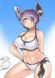  bikini breasts cleavage commentary_request dated eyepatch female headgear highres kantai_collection large_breasts photoshop_(medium) samidare_satsuki short_hair solo swimsuit tenryuu_(kancolle) tenryuu_(swimsuit_mode)_(kancolle) white_bikini yellow_eyes 