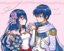  1boy bare_shoulders blue_eyes blue_hair blush bride caeda_(bridal)_(fire_emblem) caeda_(fire_emblem) commentary couple dress elbow_gloves female fire_emblem fire_emblem:_mystery_of_the_emblem formal gloves hair_ornament holding_hands husband_and_wife jewelry kumakosion long_hair marth_(fire_emblem) marth_(groom)_(fire_emblem) necklace simple_background smile straight strapless suit tiara wedding_dress white_dress white_gloves 