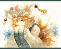  acrylic_paint_(medium) animal_hat bad_id bad_pixiv_id blonde_hair dress female fox_tail hands_in_opposite_sleeves hat keiko_(mitakarawa) leaning_forward letterboxed long_sleeves looking_at_viewer mixed_media mob_cap multiple_tails ofuda painting_(medium) short_hair simple_background smile solo tabard tail tassel third-party_edit touhou traditional_media upper_body watercolor_(medium) white_background white_dress wide_sleeves yakumo_ran yellow_eyes 