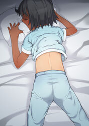  bad_id bad_pixiv_id black_hair closed_eyes clothes_lift female j7w lying on_stomach one-piece_tan original pajamas shirt_lift short_hair solo tan tanlines 