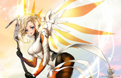  :d black_gloves blonde_hair blue_eyes breasts brown_pantyhose commentary copyright_name cowboy_shot eyelashes female from_side gloves glowing halo high_ponytail large_breasts leaning_forward leotard lips logo long_hair looking_at_viewer mechanical_halo mechanical_wings mercy_(overwatch) multicolored_background nal_(nal&#039;s_pudding) open_mouth overwatch overwatch_1 pantyhose parted_lips photoshop_(medium) ponytail smile solo staff wing_print wings yellow_wings 