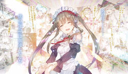  apron brown_hair elf frilled_apron frilled_sleeves frills hairband highres jewelry long_hair long_sleeves maid myucel_foalan neck_ribbon outbreak_company pointy_ears red_ribbon ribbon smile tears twintails white_apron yuugen 